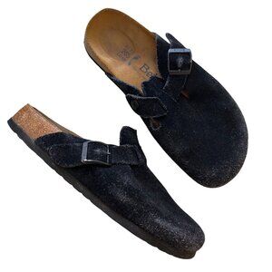 Birkenstock Boston Black Suede Clogs Size Women 10 Men 8 Adjustable Strap